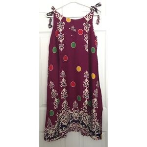 NWOT Bohemian Polka Dot Print Dress XL Straps Tie Up Ribbon Pocket Round Collar